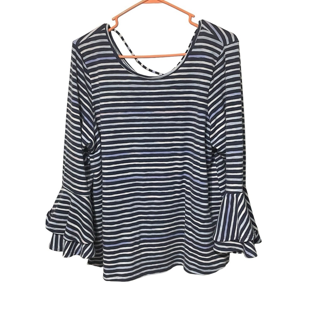 New Lane Bryant Top Women's Plus 14/16 Navy V-Neck 3/4 Bell Sleeve Striped Shirt